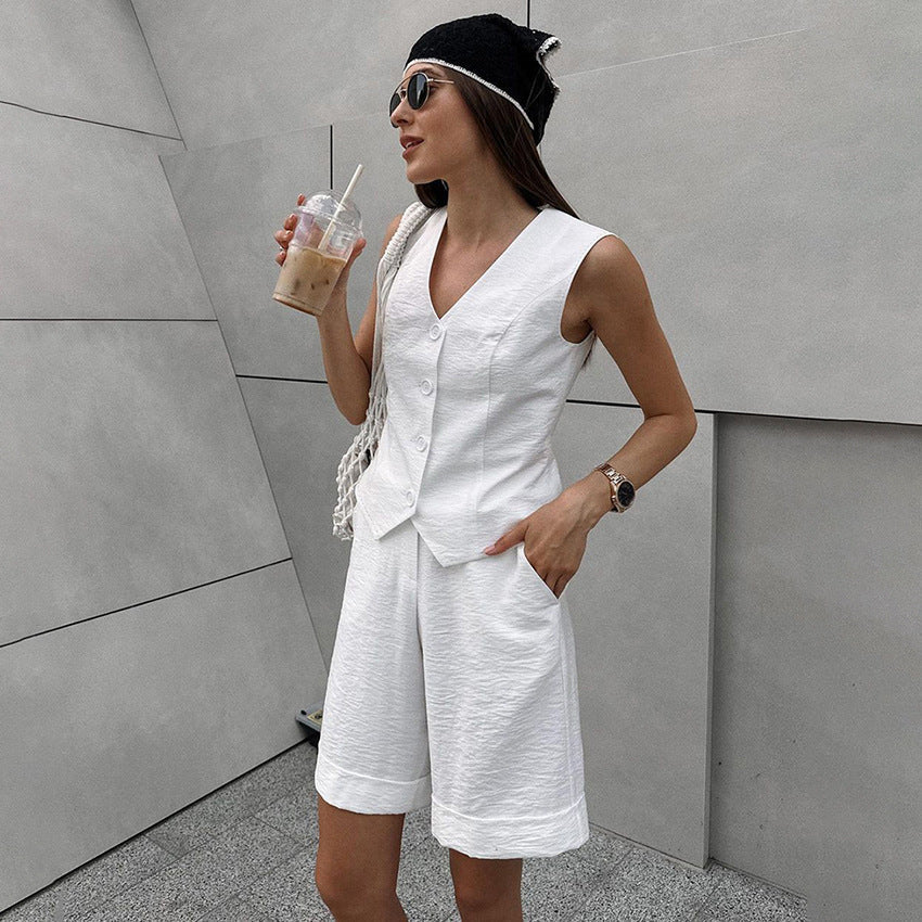 White Two-piece Set with White Sleeveless Vest & Short Shorts