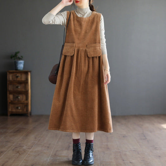 Artistic  Corduroy Mid-length Sleeveless Vest Dress Dress