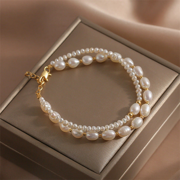 Elegant Baroque Natural Genuine Freshwater Pearl Double Layer Bracelet.