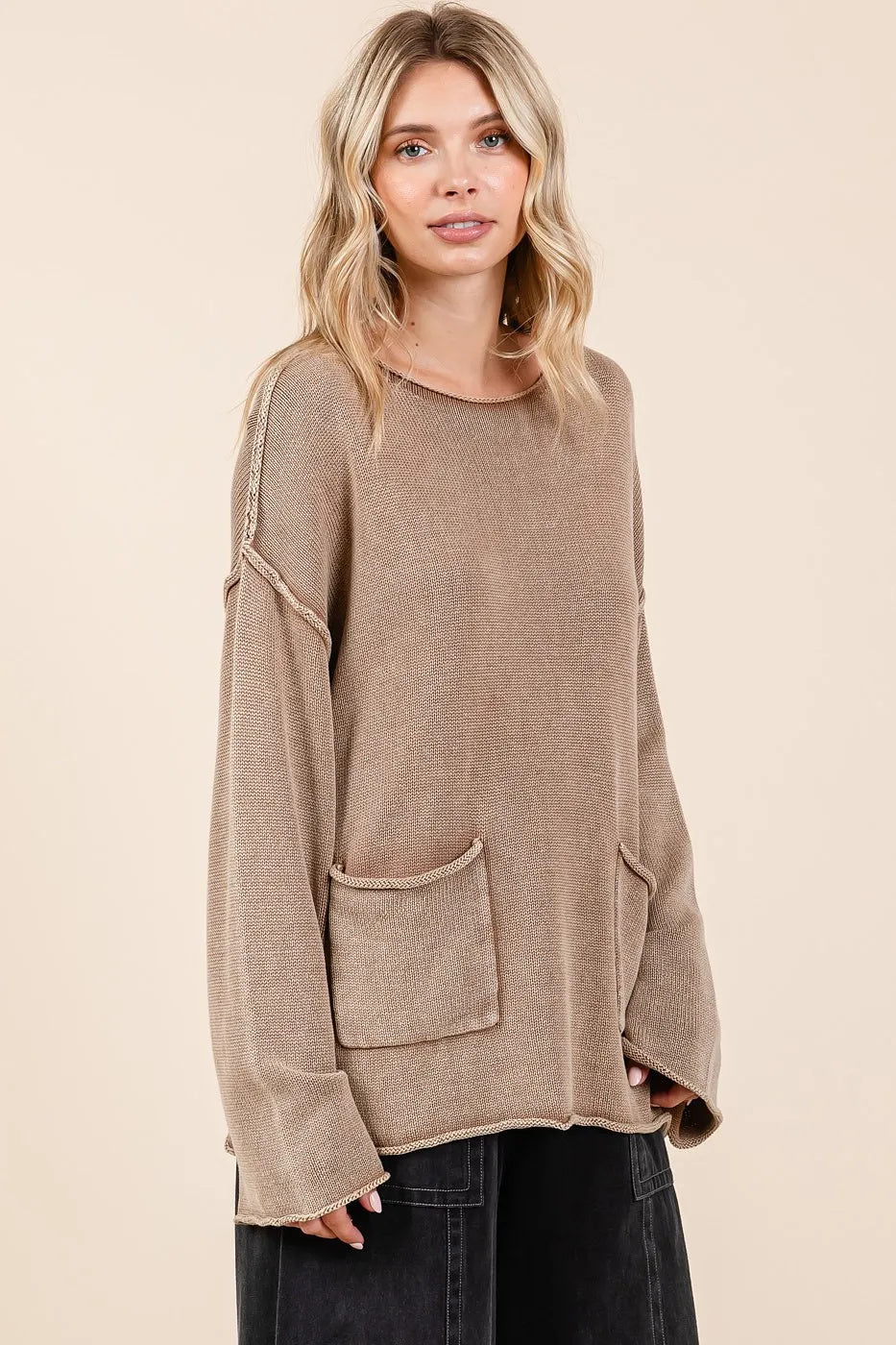 Mineral Wash Patch Pocket Cut Edge Sweater Top