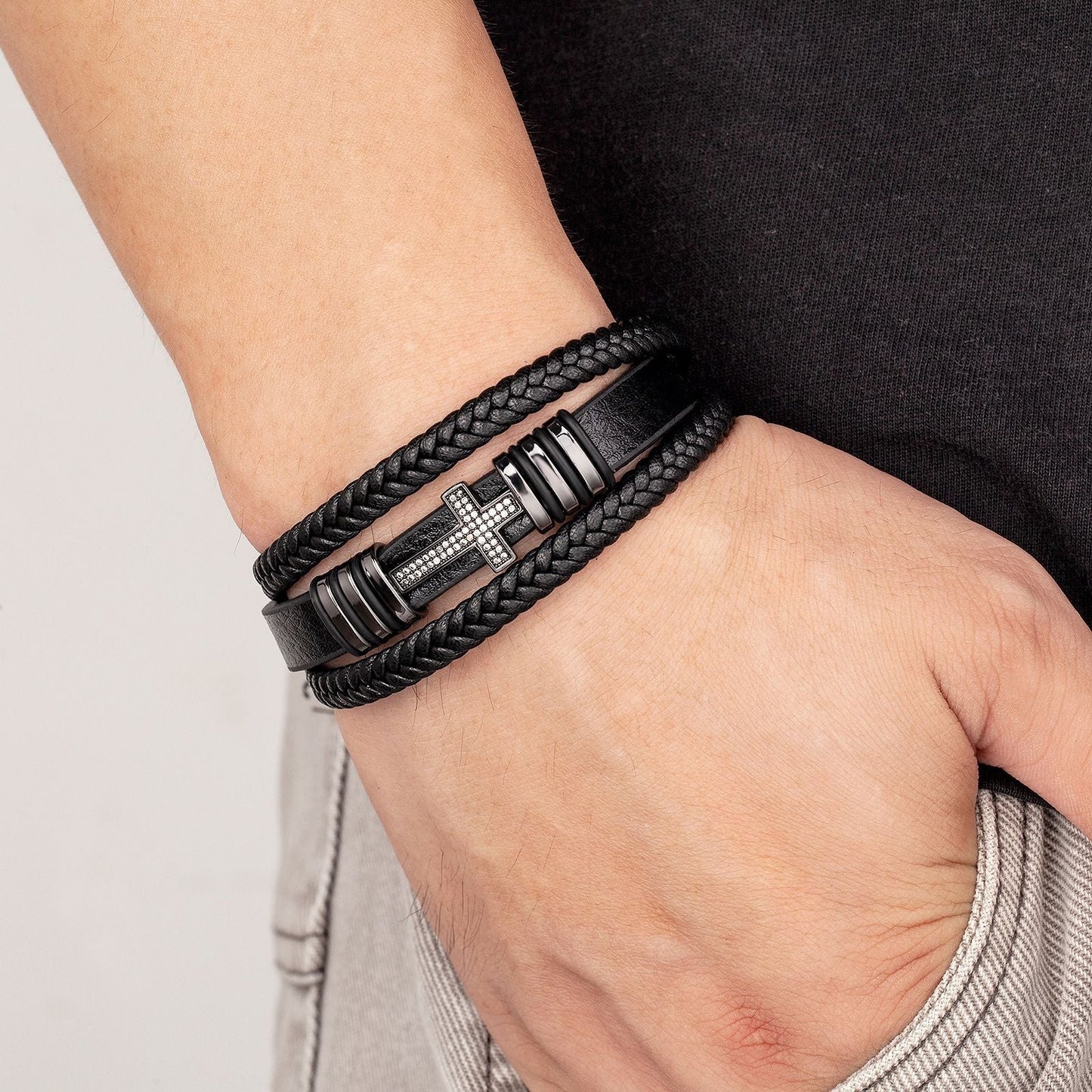 Metal Cross Multi-layer Braided Leather Bracelet with Secure Metal Clasp.