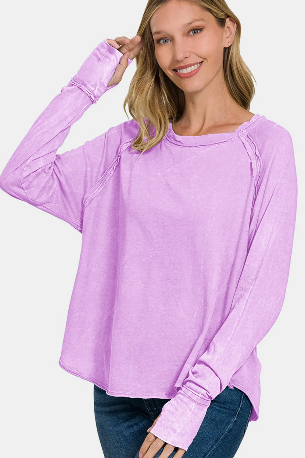Lavender  Round Neck Thumbhole Long Sleeve T-Shirt