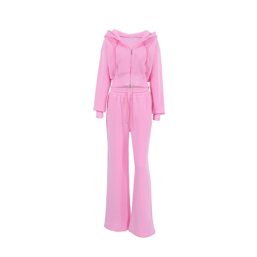Pink Two-Piece  Knitted Set w/ Fluff Hoody & Wide Leg  Pants
