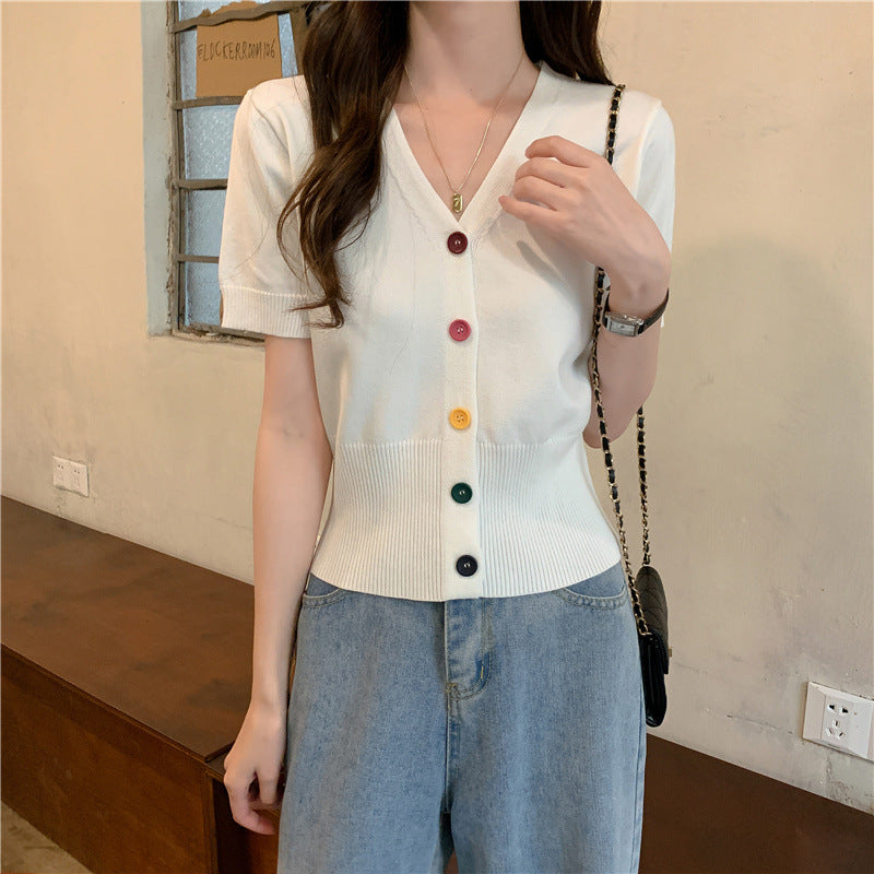 Ice Silk Knitted Short Sleeve Blouse