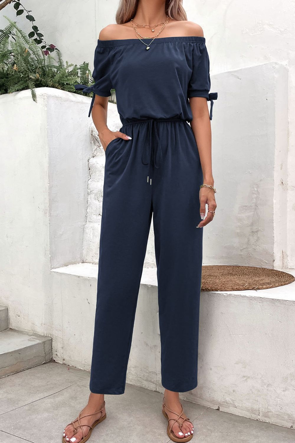 Urban  Fashion Off-Shoulder Tie Cuff Jumpsuit with Pockets