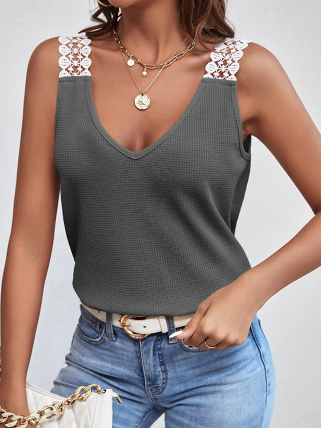 Lace Accent Waffle-Knit V-Neck Tank Top