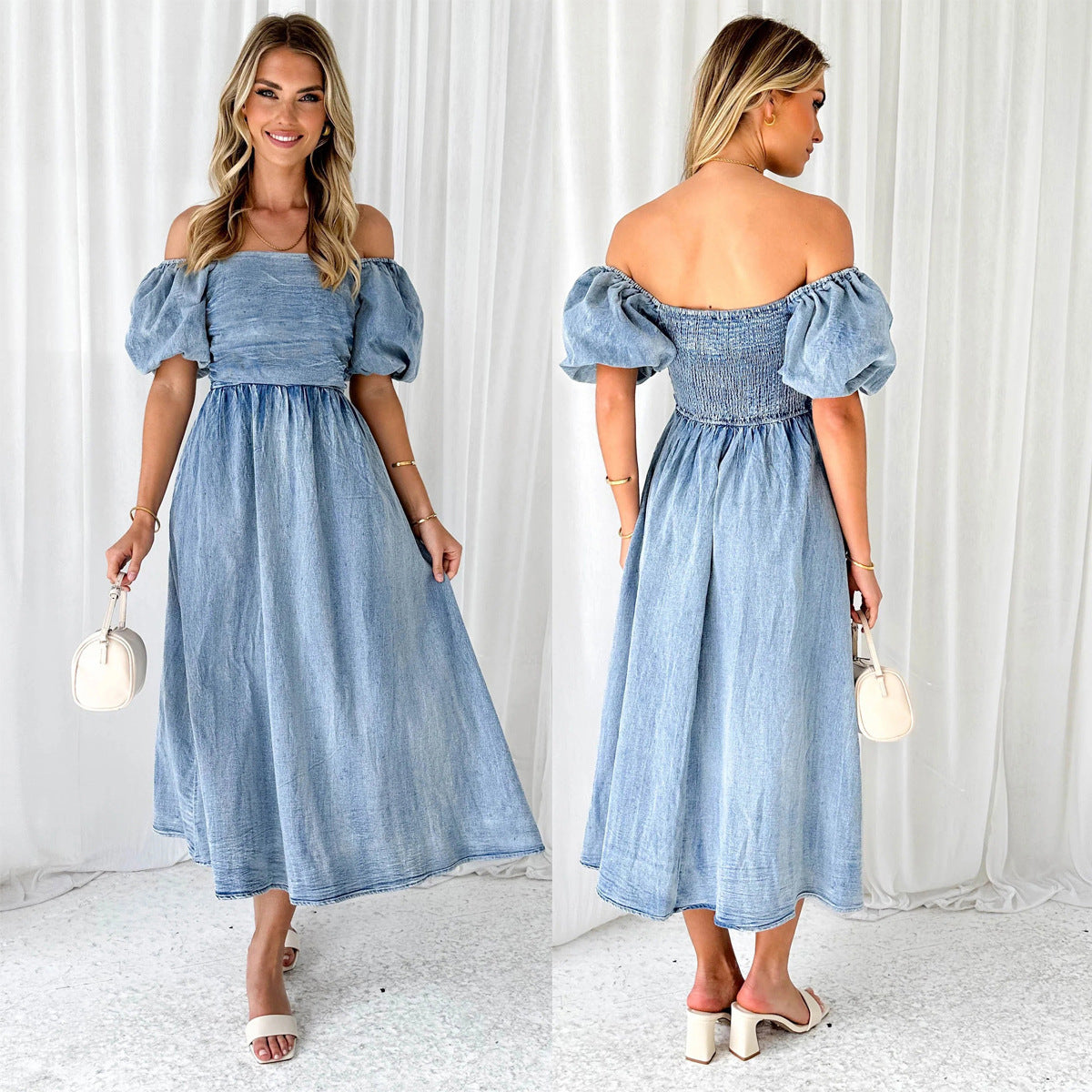Denim Waist-tight Long Dress with Puff Sleeve