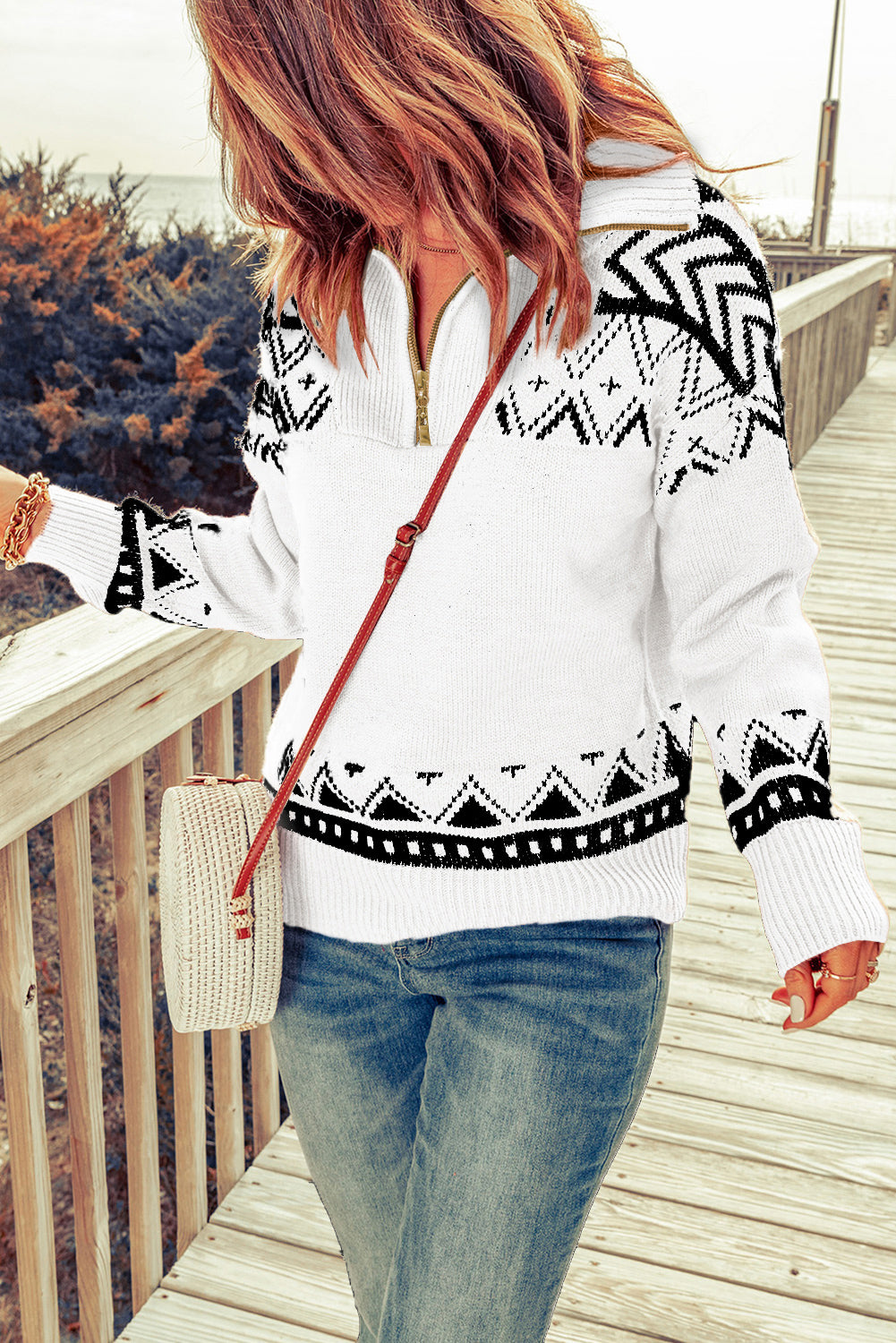 Border Art Design  Zip-Up Mock Neck Dropped Shoulder Pullover Sweater
