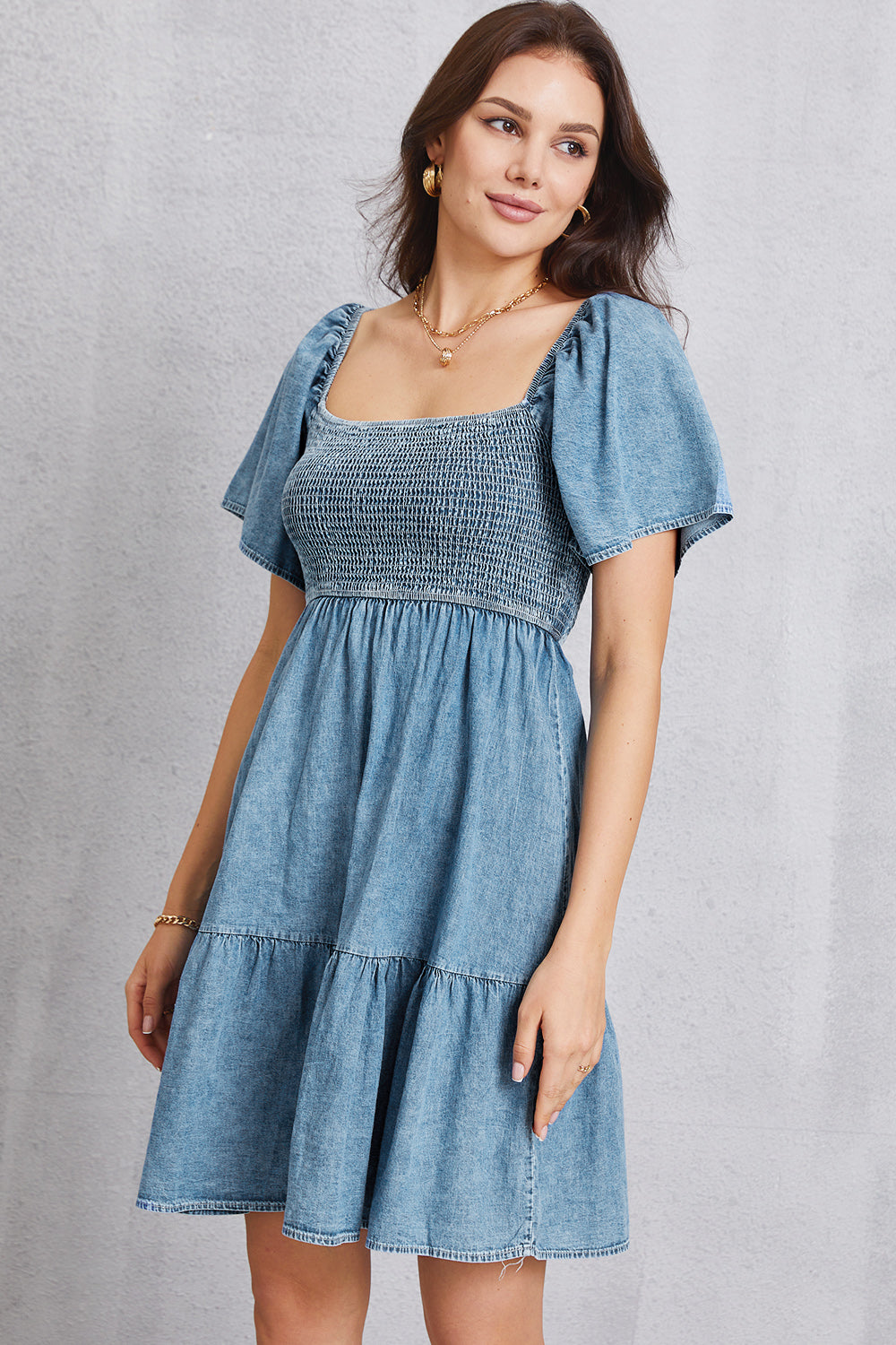 Smocked Perfection Square Neck Mini Denim Dress