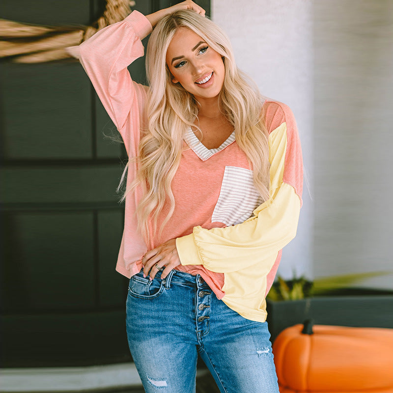 Rose Coral  Multicolor Stripes  V-neck Long Sleeve Top with Pocket