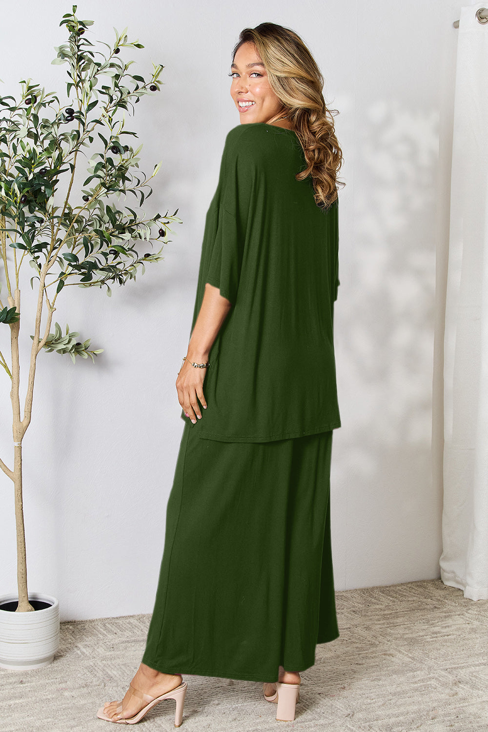 Trendy Duo Full Size Round Neck Slit Top and Pants Set