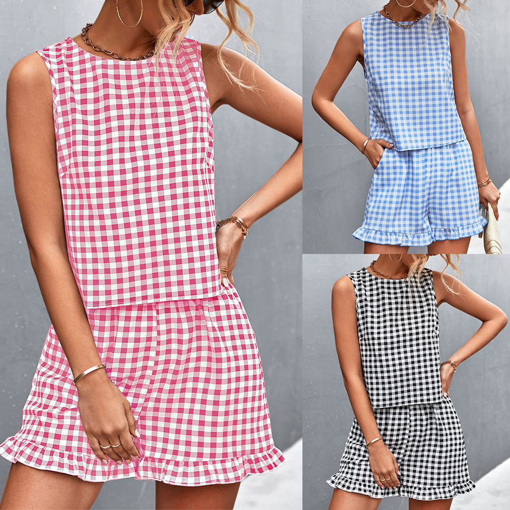 Ruffles Black White Plaid Casual Sleeveless Shorts Set