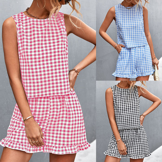 Ruffles Black White Plaid Casual Sleeveless Shorts Set