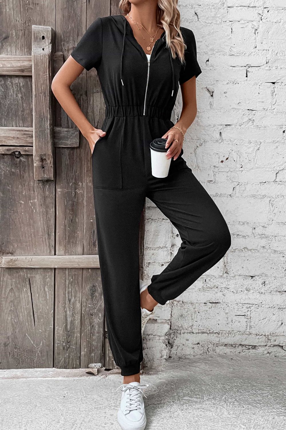 Zip-Up Short Sleeve Hooded Jumpsuit w/Pockets