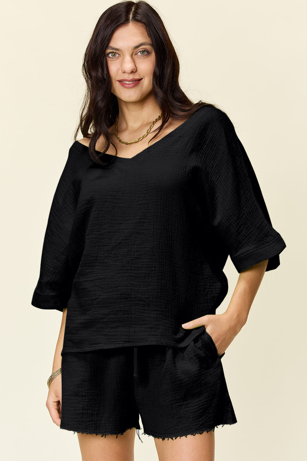 Double Take Texture T-Shirt and Drawstring Shorts Set