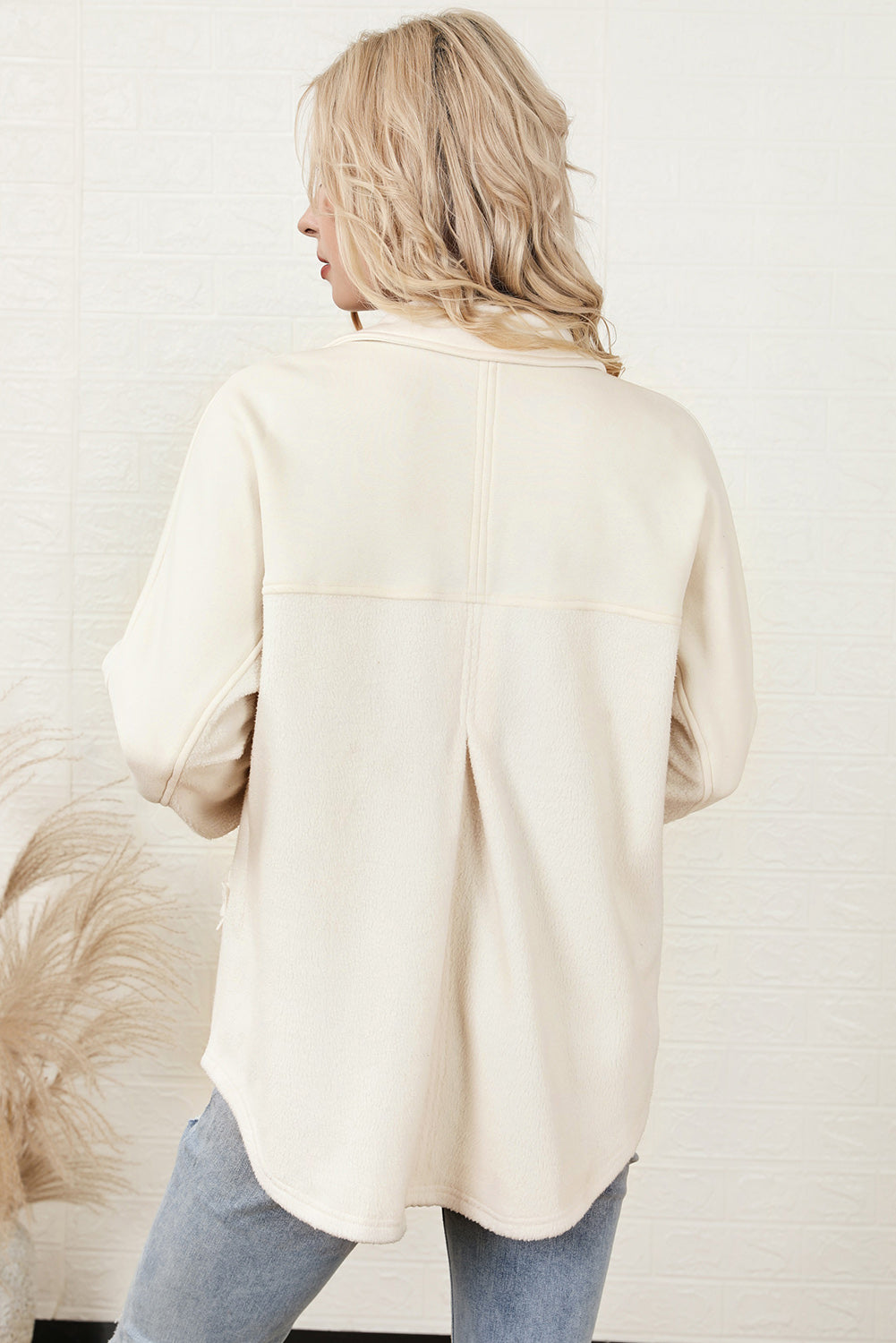 Creamy White Collared Neck Button Down Jacket Shackets with Pockets