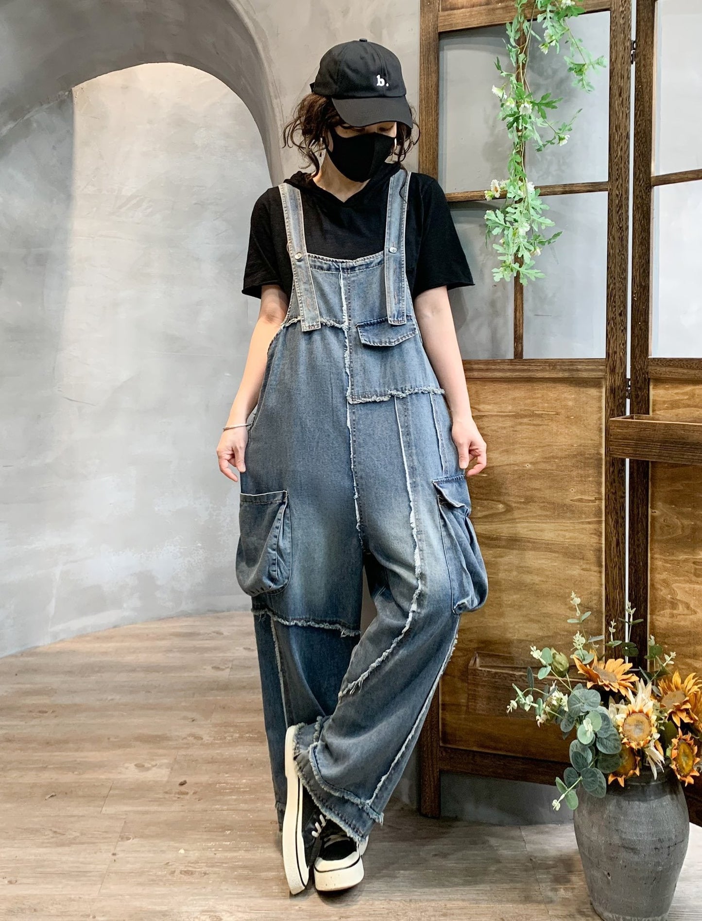 Retro Pocket Raw Edge Denim Suspender Pants