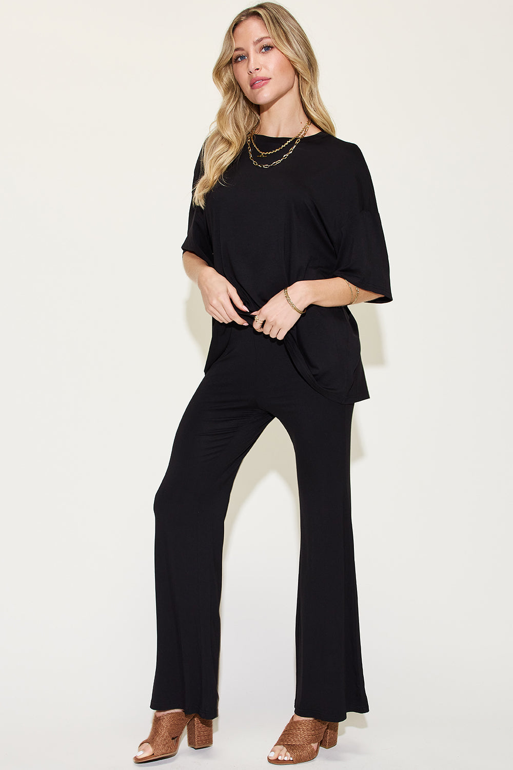Bold Lady Drop Shoulder T-Shirt and Flare Pants Set