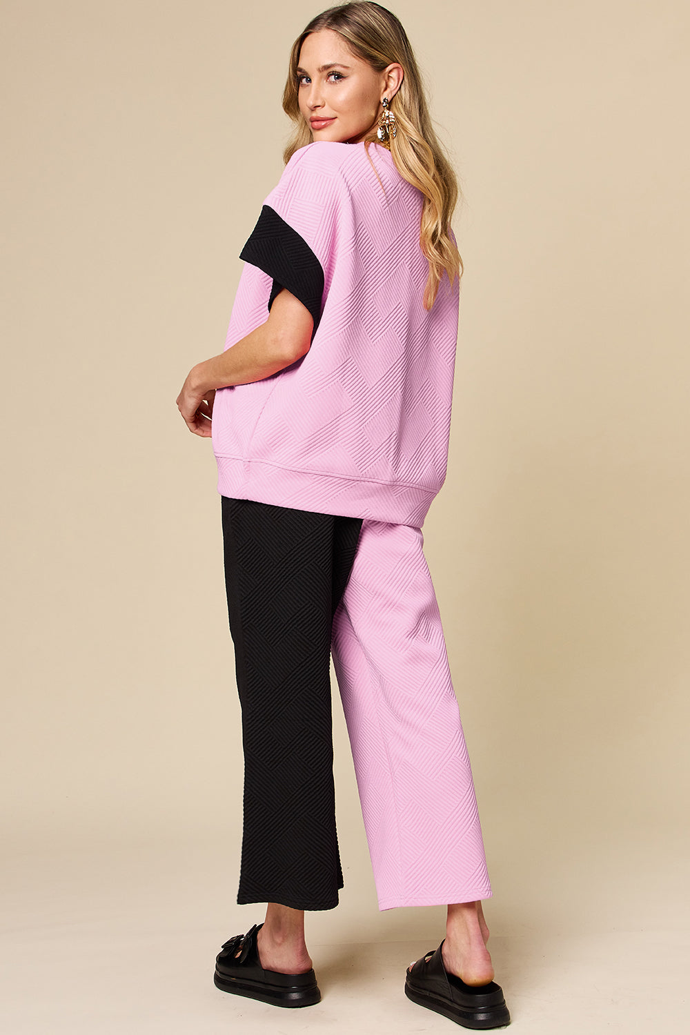Trendy Texture Contrast T-Shirt and Wide Leg Pants Set