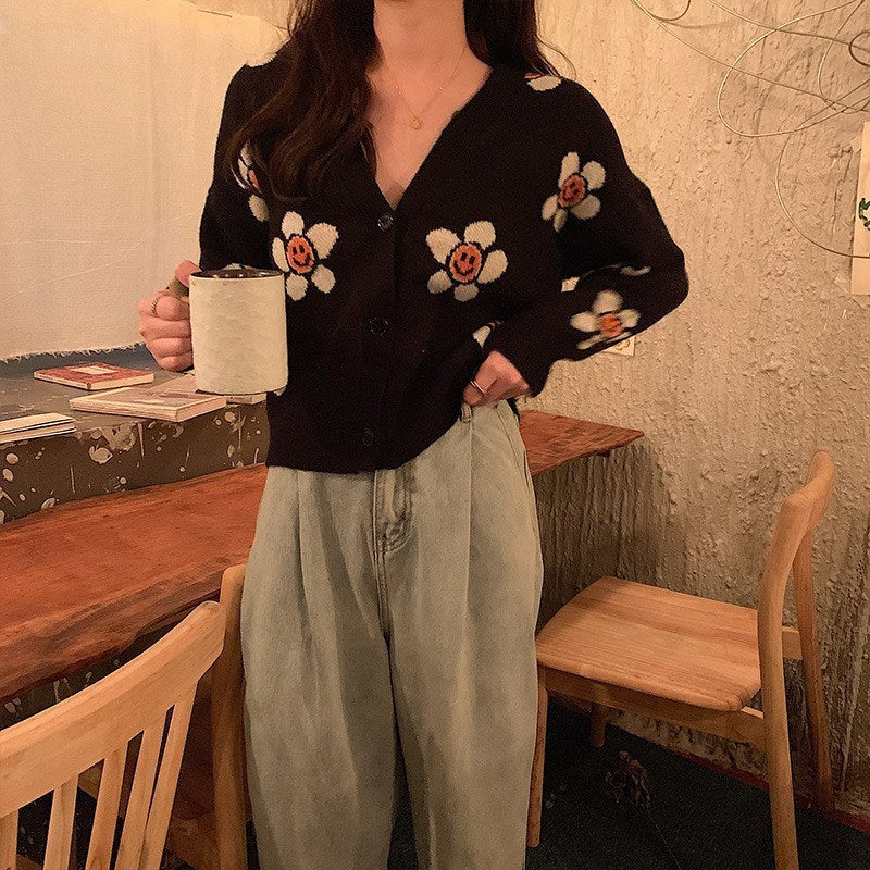 Sweeten Your Day Smiley Face Flower Knit Cardigan