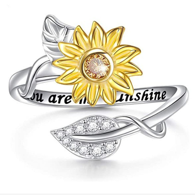 You Are My Sunshine Gold/Silver Two-tone Sunflower Ring. - Adjusts to Any Size.