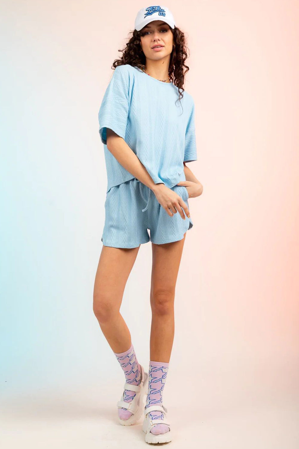 Buttoned Textured Round Neck Top and Shorts Set