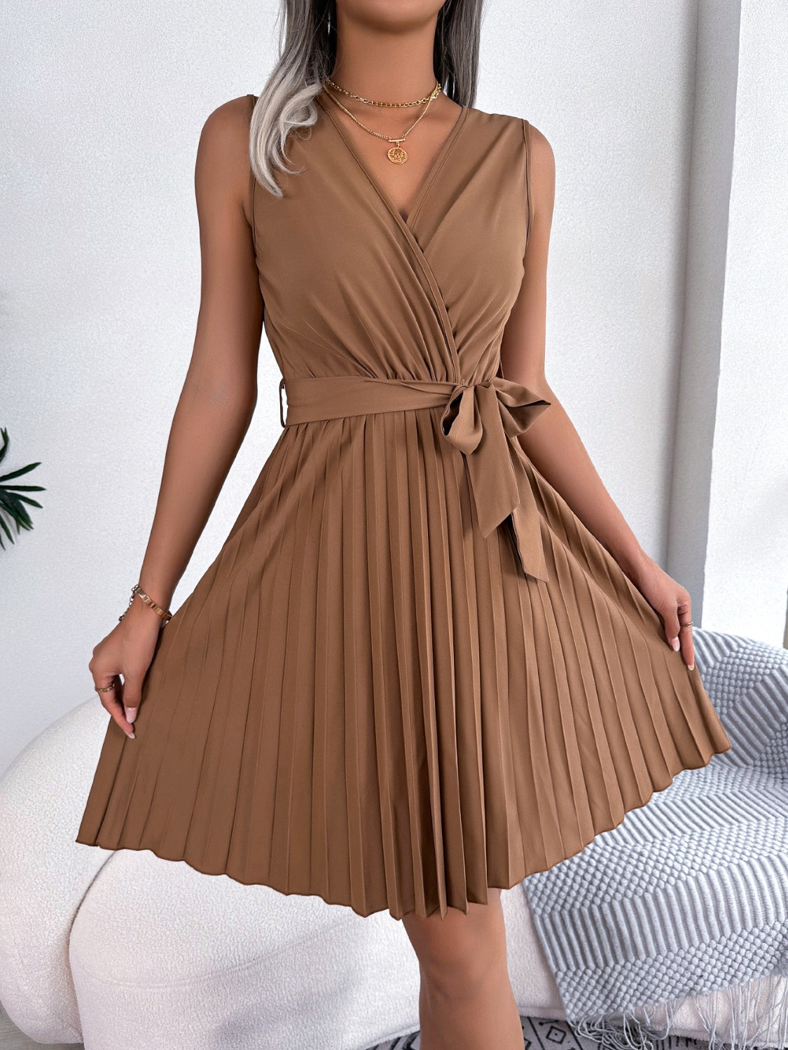 Radiant Surplice Pleated Sleeveless Midi Dress