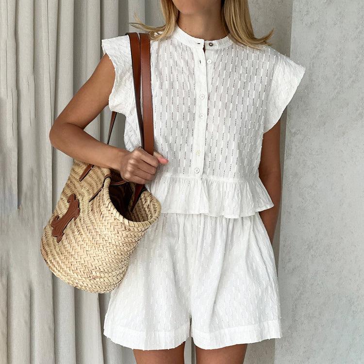Jacquard Short Sleeve Shirt Simple Shorts 2-Piece Set