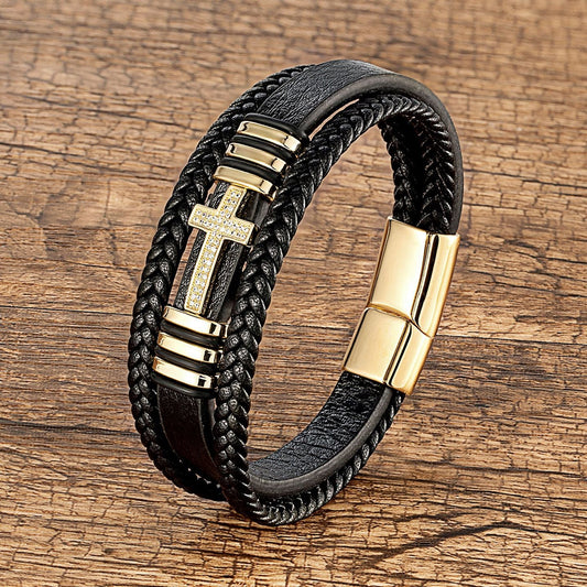 Metal Cross Multi-layer Braided Leather Bracelet with Secure Metal Clasp.