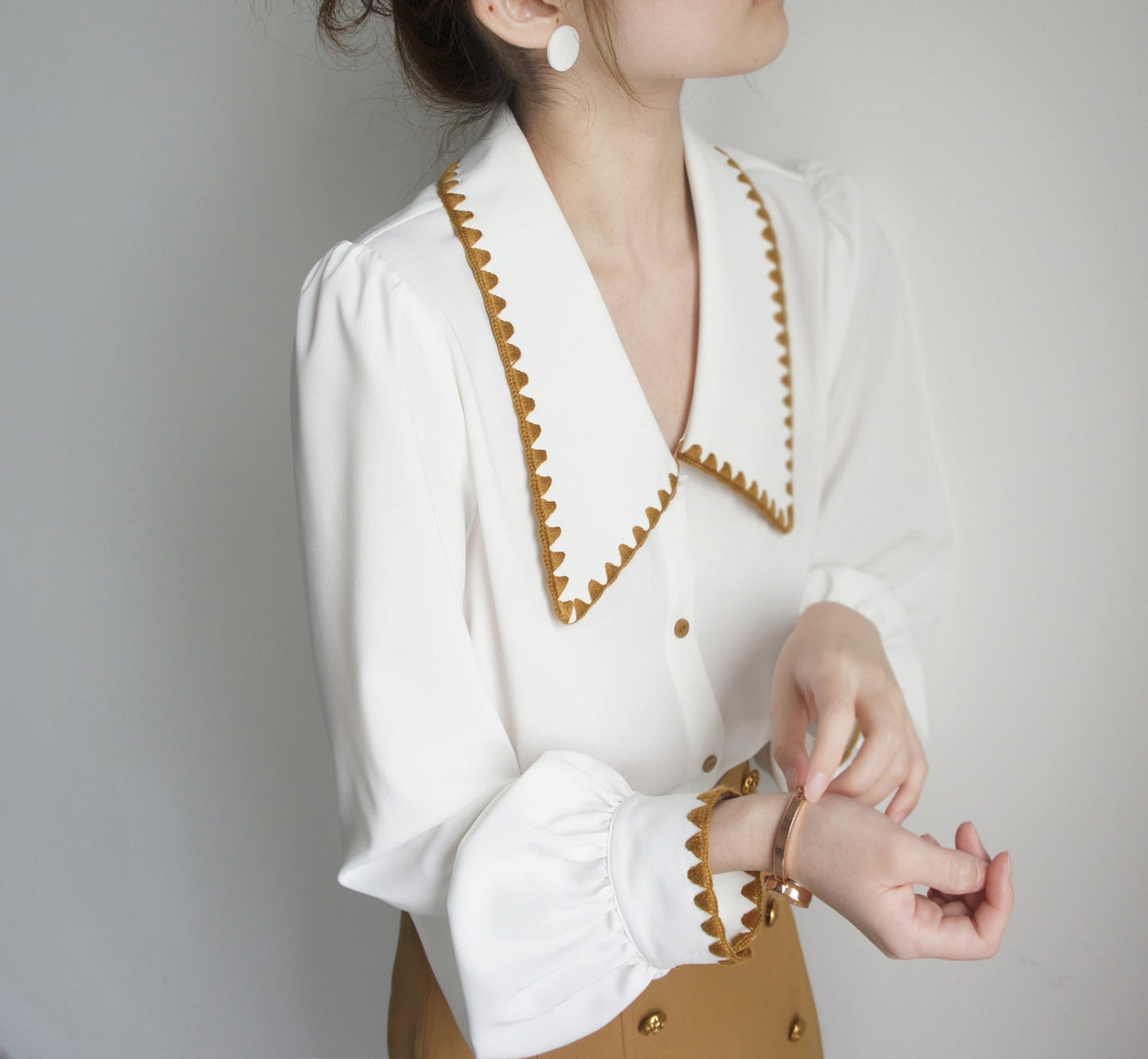 Vintage Yellow Line Long Sleeve Big Lapel V Neck Shirt