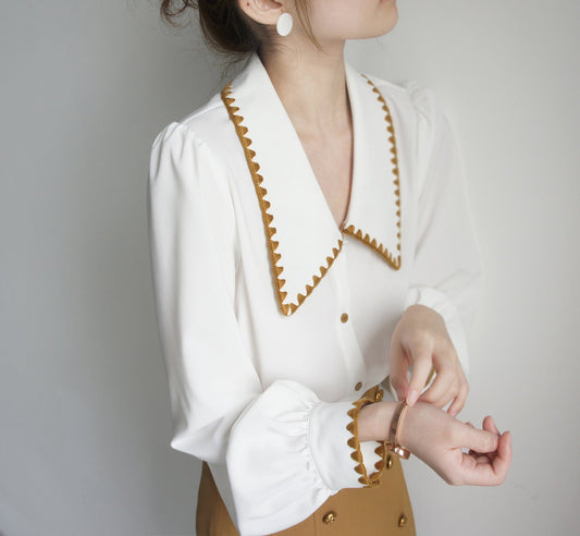 Vintage Yellow Line Long Sleeve Big Lapel V Neck Shirt