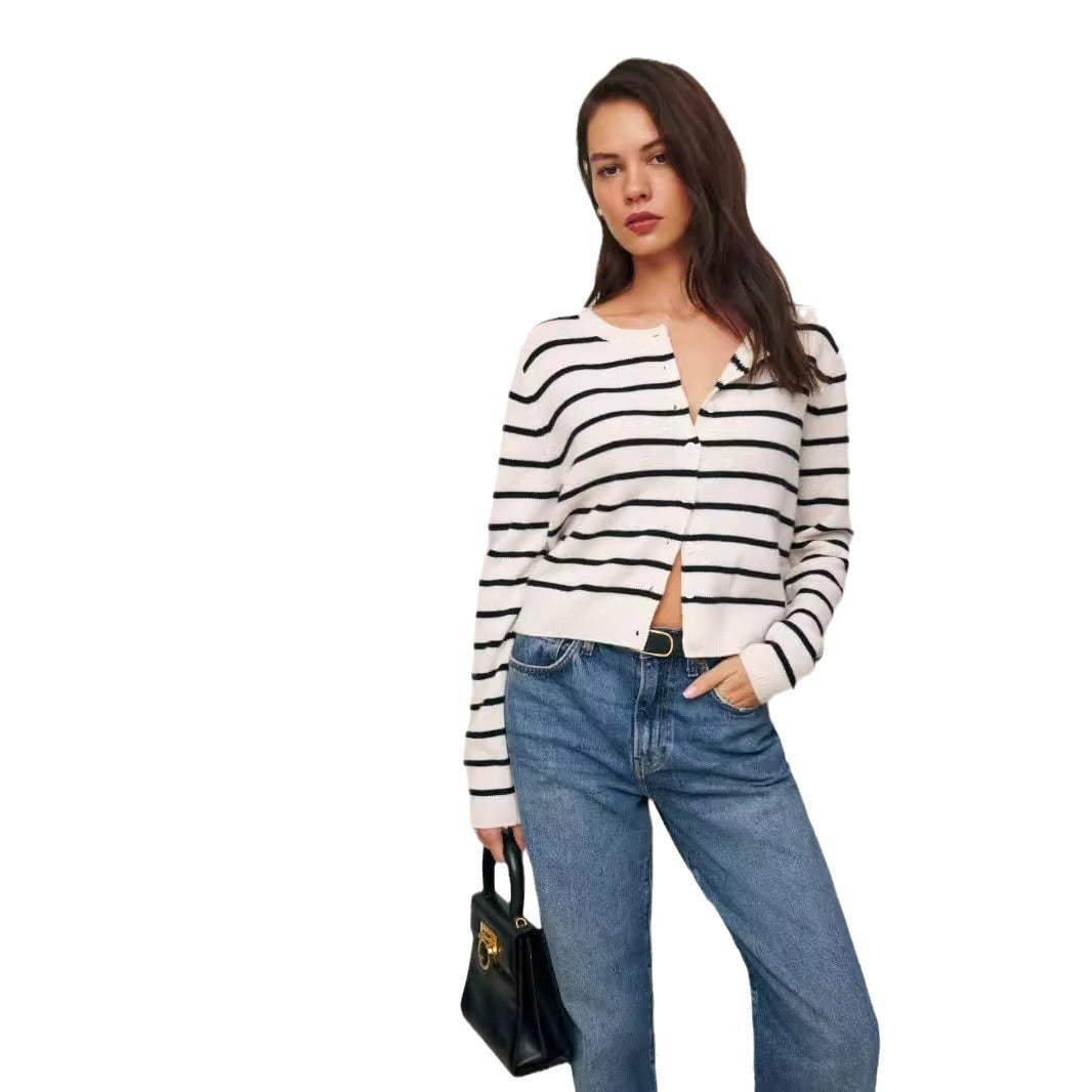 White  Black Stripe Knitted Cardigan with  Long Sleeved