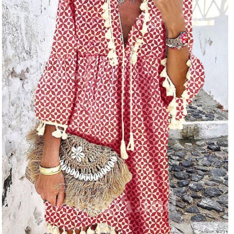 Sweet Hippie Style Tassel Ruffled V-Neck Dress