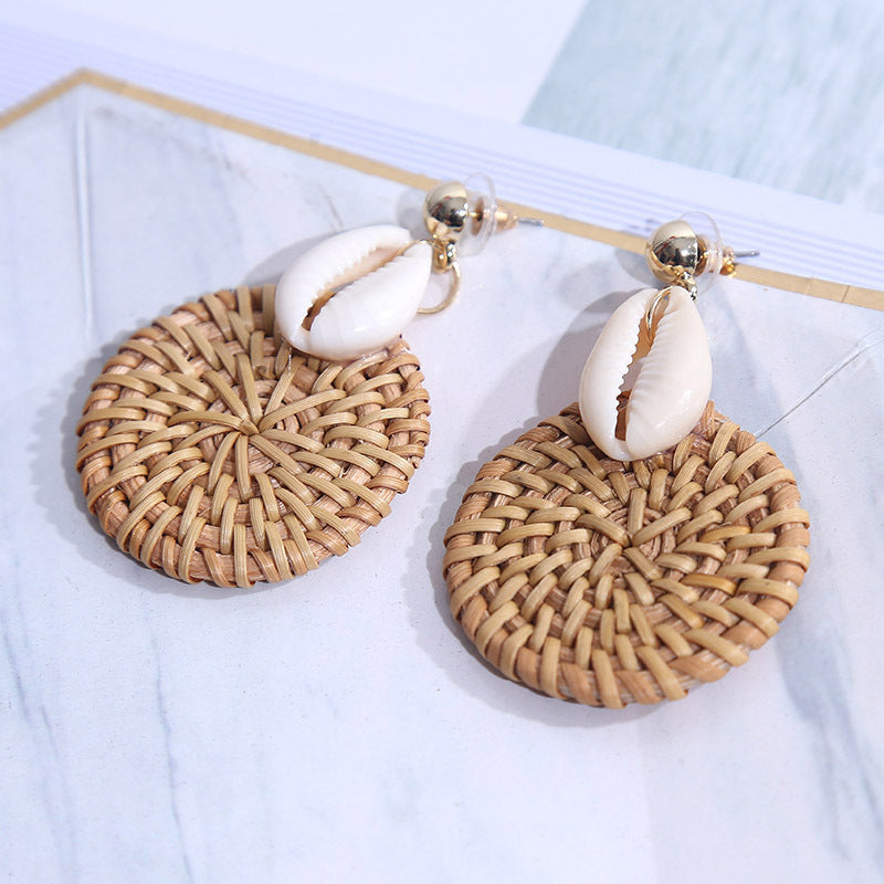 Handmade Boho Round Shell Rattan Woven Earrings.
