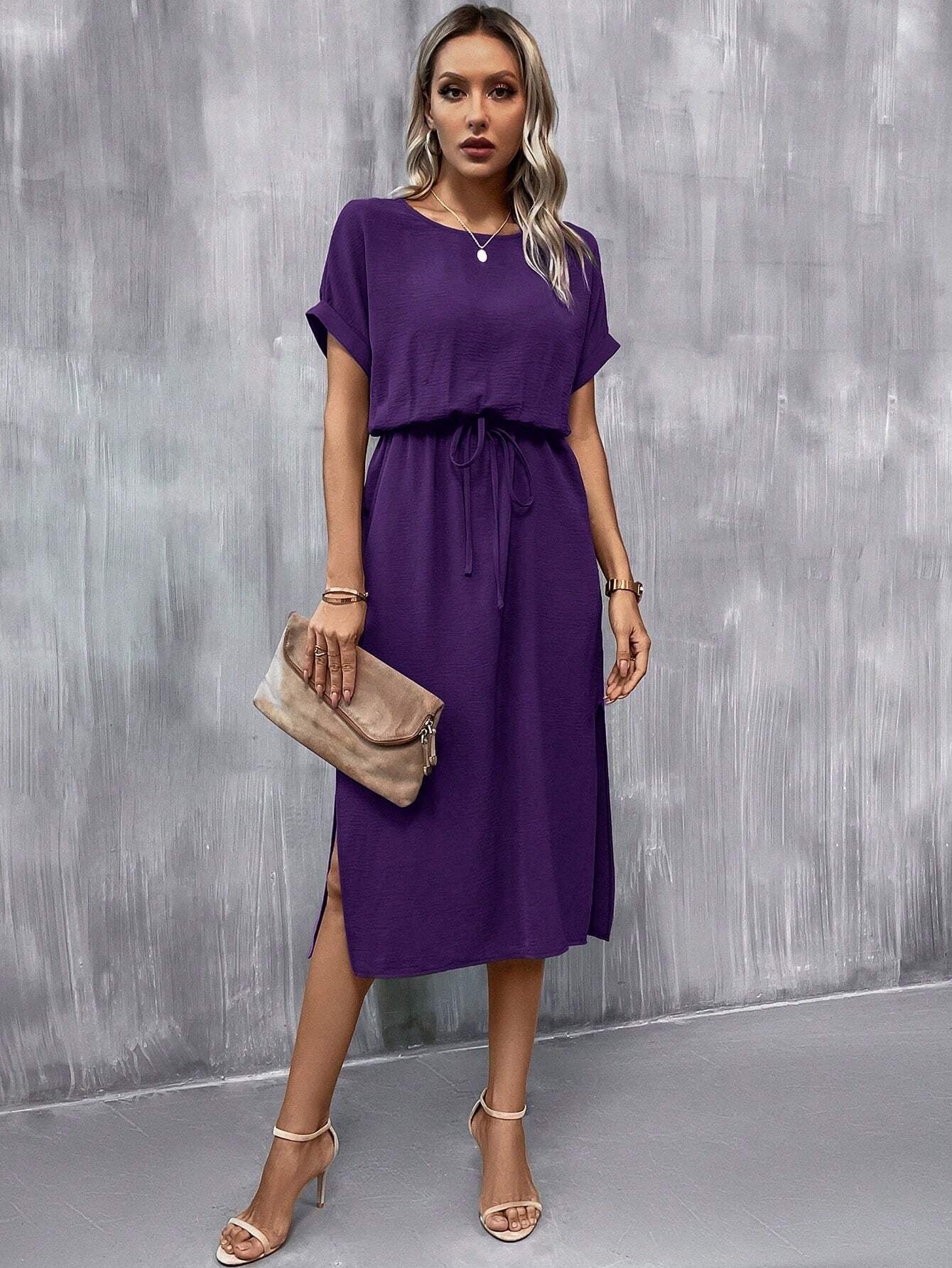 Casual High Waist Round Neck Batwing Sleeve Knot Front Split  Dress