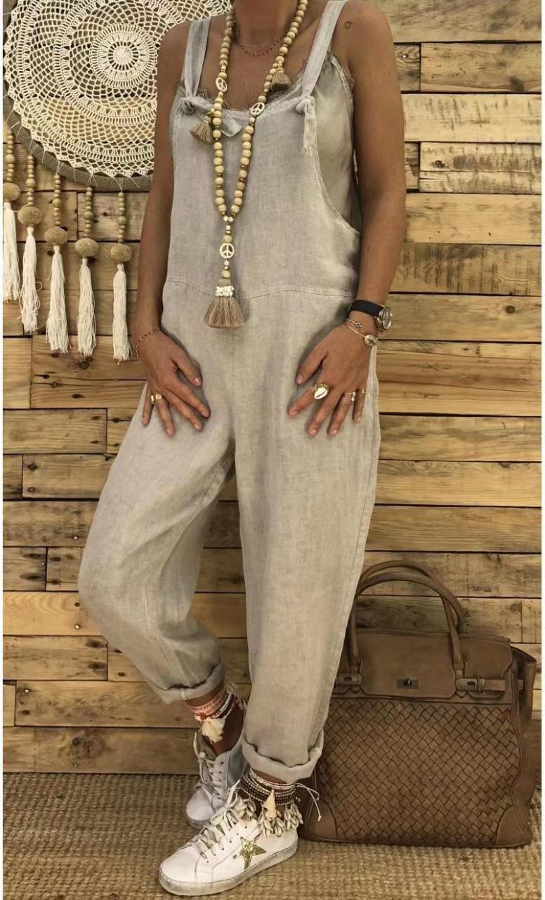 Breezy Linen  Long Sleeveless Denim Jumpsuit