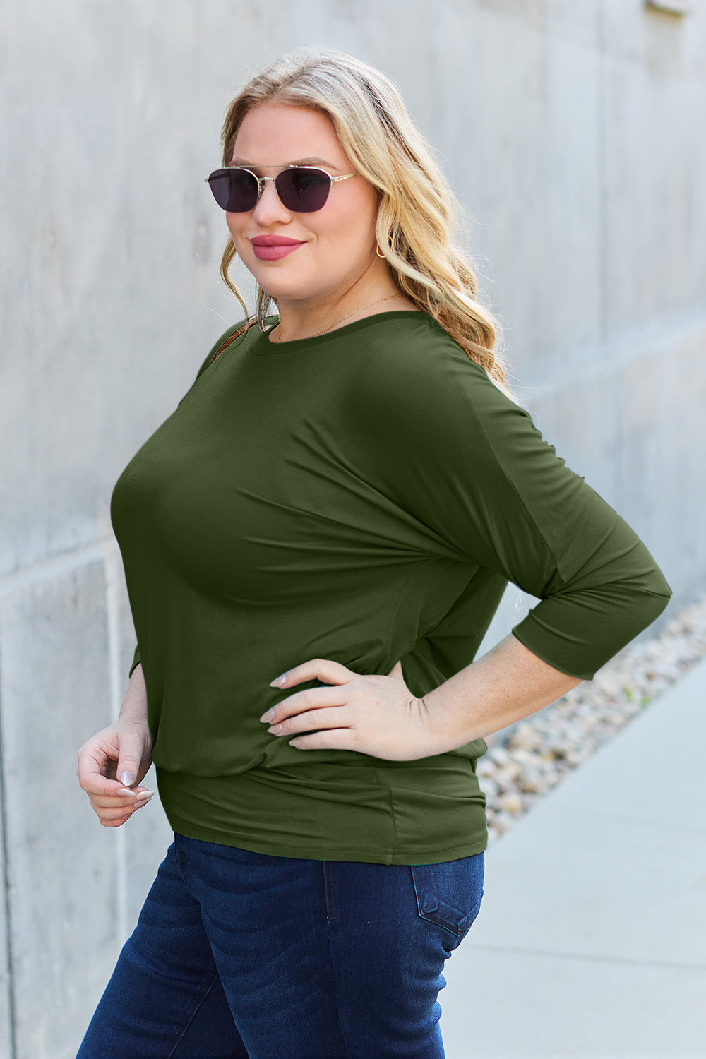 NuMi Basic Bae Full Size Round Neck Blouse & Batwing Sleeve