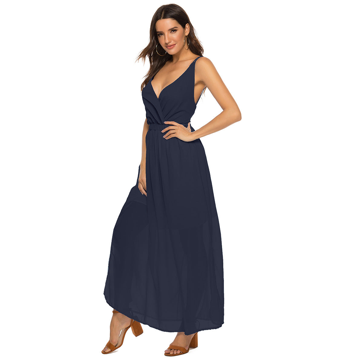 Chiffon Casual Strap Backless Swing Maxi Sling Dress