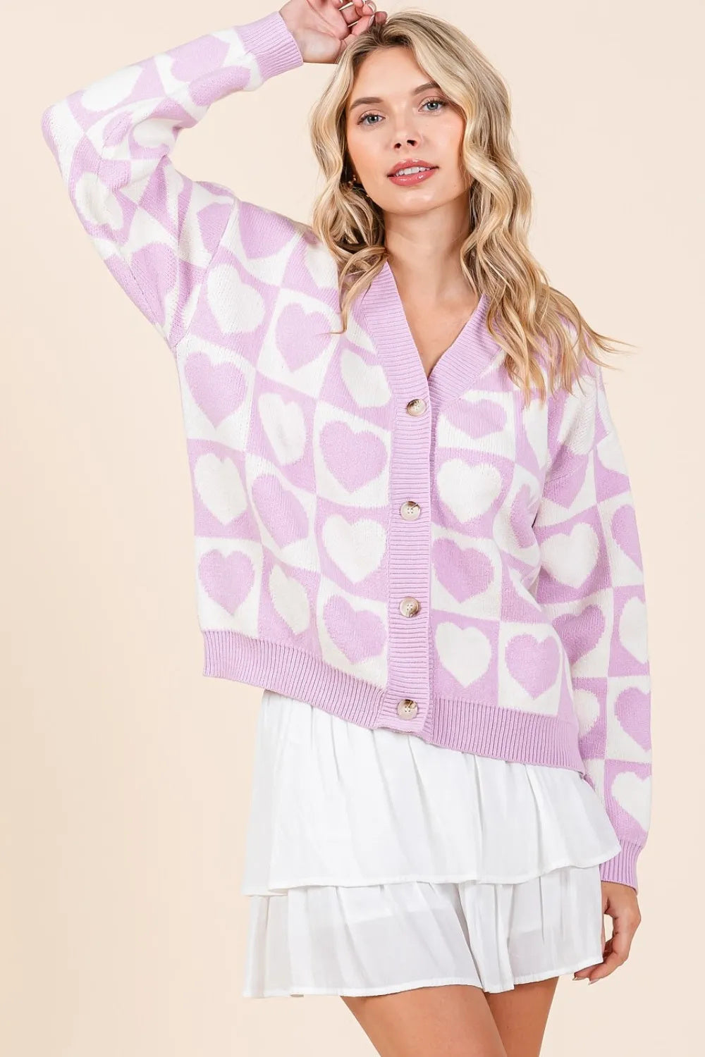 Lilac Pink Checkered Heart Button Down Cardigan