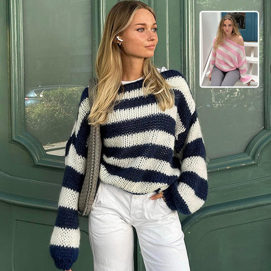 Versatile: Knitted  Loose Striped Pullover Sweater with Long-Sleeved