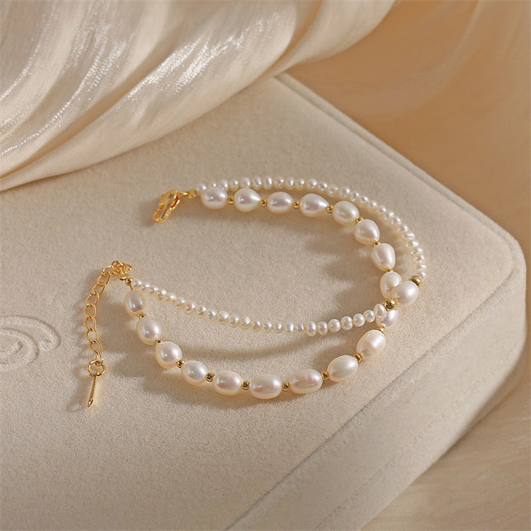 Elegant Baroque Natural Genuine Freshwater Pearl Double Layer Bracelet.