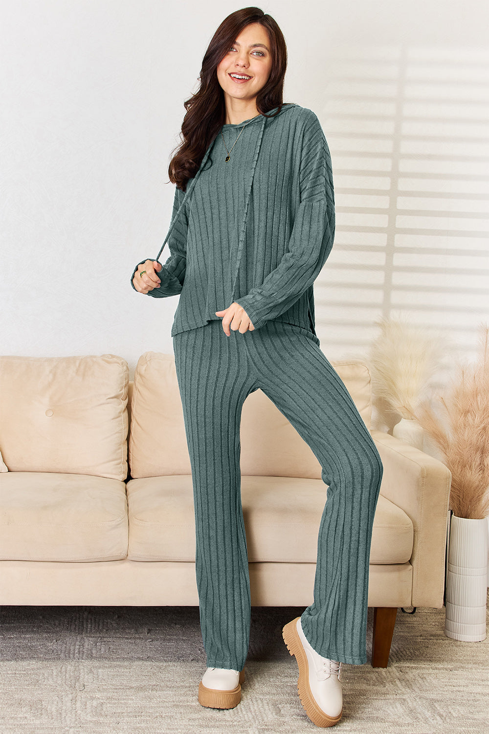 Lounge Essential Ribbed Hooded Top and Straight Pants Set