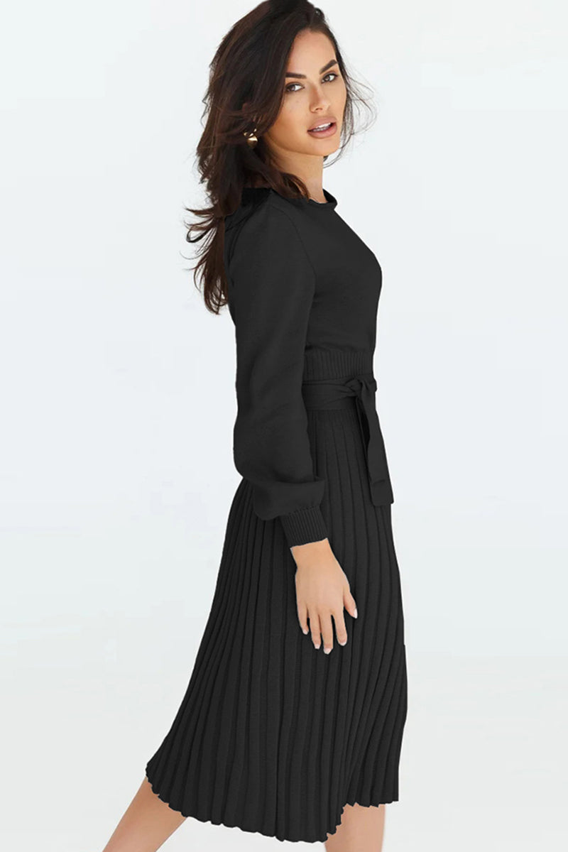 Round Neck Long Sleeve Pleated Midi Sweater Dress