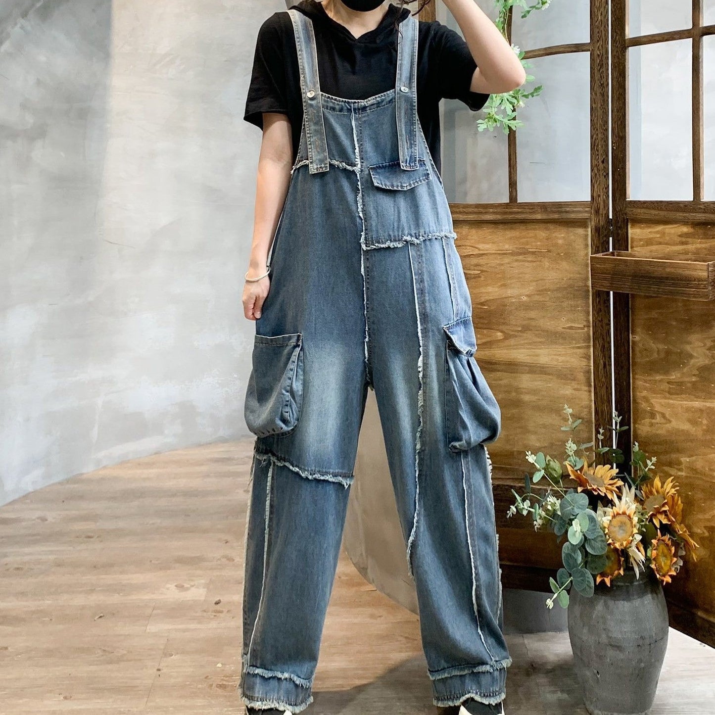 Retro Pocket Raw Edge Denim Suspender Pants
