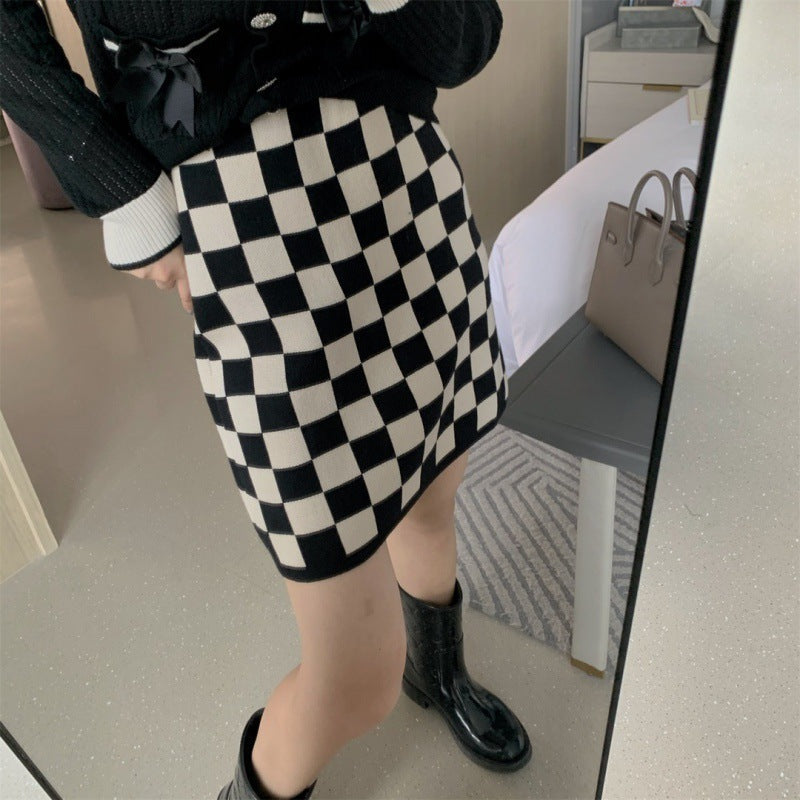 Checkerboard Knitted  High Waist  Skirt