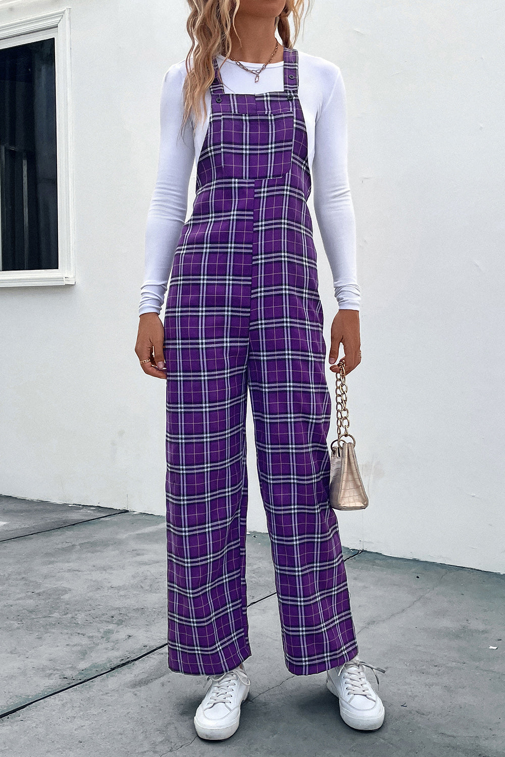 Vivid Voilet Plaid Straight Leg Overalls