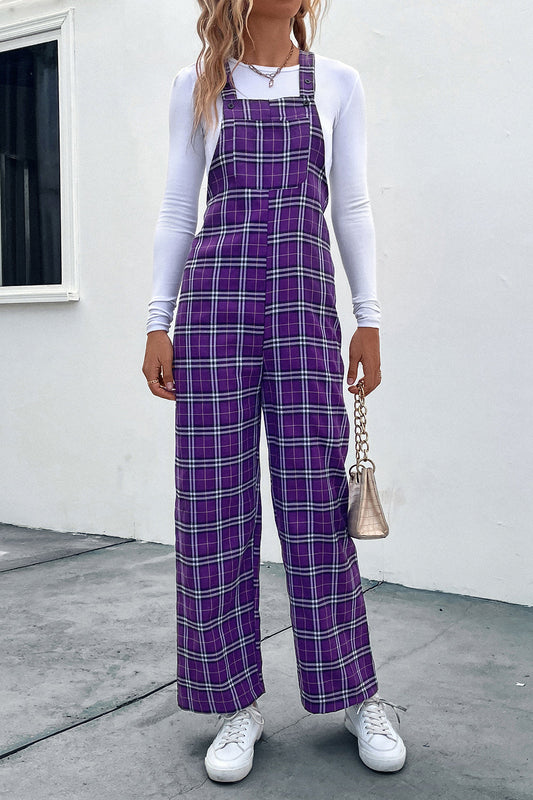 Vivid Voilet Plaid Straight Leg Overalls