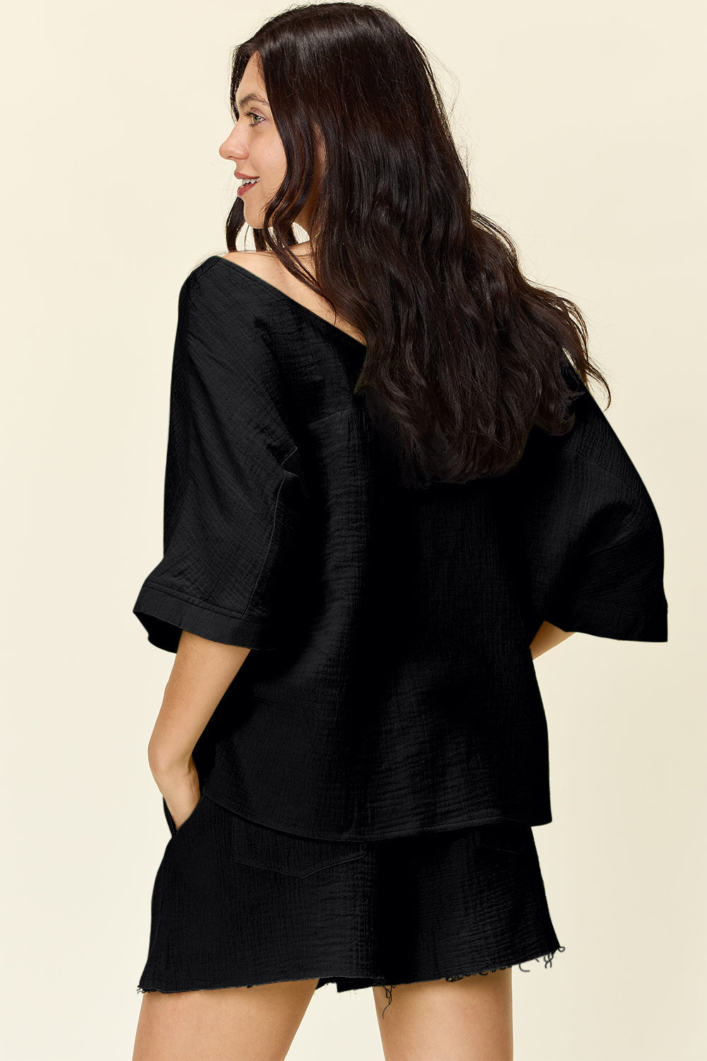 Double Take Texture T-Shirt and Drawstring Shorts Set