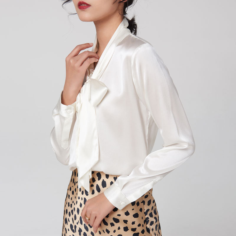 Bow Beauty V-neck Silk Ribbon Shirt