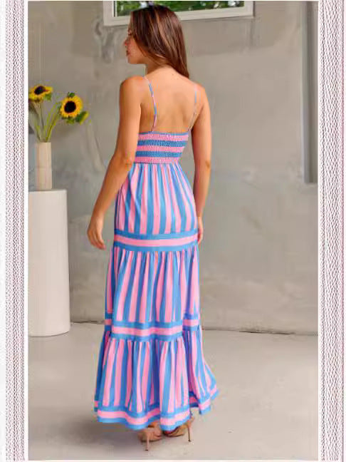 Summer Striped Printed Square Neck  Long  Backless Dress With Pockets
